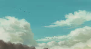 兩隊V字形鳥群飛過多雲的藍綠色天空。