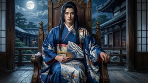 一名穿著藍色和服的男子坐在木製寶座上，在滿月下的日本庭院中。