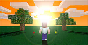 Minecraft角色面向日落，喺草地上面兩棵樹之間。