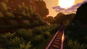 夕陽下穿過草坡嘅木製軌道上嘅Minecraft火車。