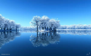 結冰的湖面，白雪覆蓋的樹木在平靜的水面上倒映，藍天之下