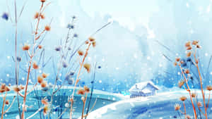 白雪覆蓋的山坡上，有一間小屋和冬天的乾燥薊草植物。 — 冬日美學 壁紙