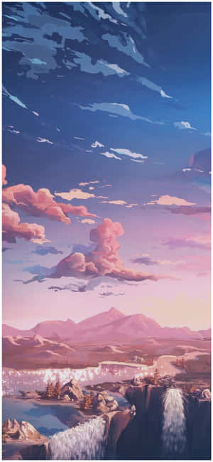 寧靜的山谷，有瀑布和粉紅色的雲彩，日落時分。 — 靚靚動畫 壁紙
