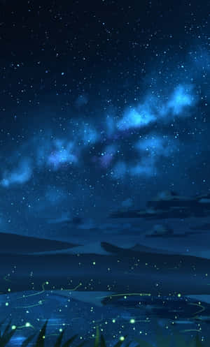 星空之夜，螢火蟲在湖面和山巒上發光。 — 靚靚動畫 壁紙