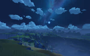 星空下起伏的丘陵，伴隨著發光的月亮和柔軟的雲朵。 — 動漫風景 壁紙