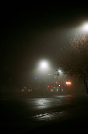 夜晚霧氣瀰漫的城市街道，有發光的街燈和光禿的樹枝。 — 夜晚 GIF 壁紙