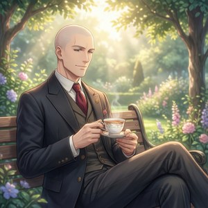 一個禿頭穿西裝的男人在公園長椅上享受茶，周圍環繞著花朵和陽光。