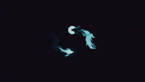 兩條發光的魚在繁星點點的夜空下靠近月亮游動。