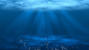 陽光穿過海面，照亮深藍色海水中的氣泡。