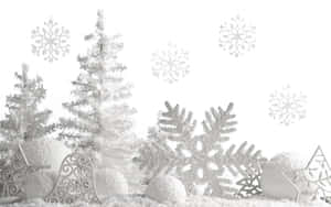 極簡冬季場景中的結霜松樹、雪球和雪花裝飾。 — 美麗聖誕 壁紙