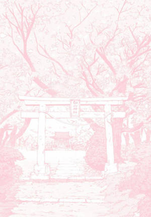 日本神社櫻花樹下的粉紅色插圖鳥居。 — 平板電腦 壁紙