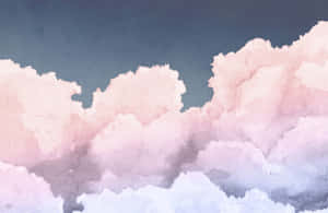 水彩天空中的粉彩粉紅和藍色雲朵