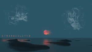 藍綠色暮色，夕陽在水面和浮石上落下，周圍環繞著星座插圖。 — 桌面美學 壁紙