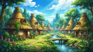 一個和平的村莊，茅草屋沿著河流在陽光明媚的天空下。