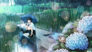 動漫女孩拿著藍色雨傘坐在雨中的花園木碼頭上，周圍有繡球花。 — 雨 壁紙