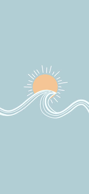 太陽在藍色背景上以極簡風格升起於海浪之上