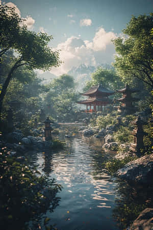 一個寧靜的日本花園，有寶塔、池塘和石燈籠，周圍環繞著樹木和山脈。