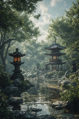 在茂密的日本花園中，霧氣繚繞的小溪旁發光的石燈籠，通向一座木製寶塔。