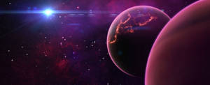 兩顆行星在色彩繽紛的星雲中，遠處有一顆明亮的星星閃耀。