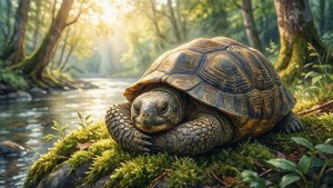 烏龜在森林溪流附近的苔蘚上休息，陽光穿過樹木照射下來。
