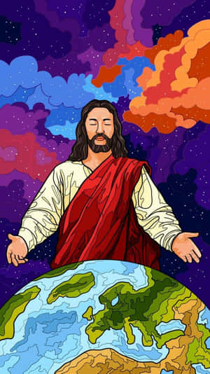 耶穌張開雙臂站在地球之上，背景是色彩繽紛的宇宙天空。