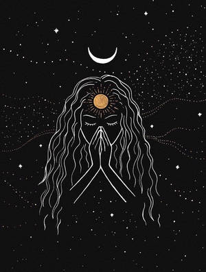一個長髮的人在新月和星星下祈禱。