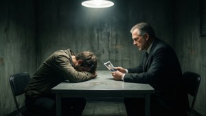 一名身穿西裝的男子手持照片，在昏暗的審訊室中與另一名男子對峙。