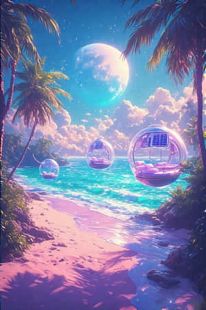 未來風格的泡泡艙在發光月亮下，伴隨著棕櫚樹和海浪，漂浮在粉紅沙灘上空。 — 清新 GIF 壁紙