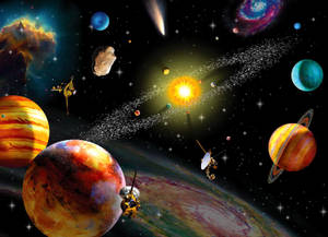 衛星在星空場景中繞著明亮的太陽附近的彩色行星運行。