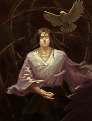 一位額頭上有綠色印記的女子，一隻鴿子飛近她的手，她平靜地坐著。