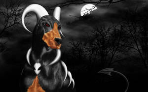惡魔臘腸犬，有角和紅眼睛，在滿月下的黑暗森林中。 — 月亮 壁紙