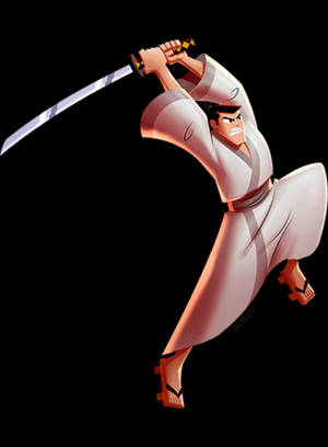 動漫武士戰士在半空中，揮舞著劍，背景為黑色。