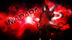 動漫角色 Madara Uchiha 在紅色宇宙背景中，帶有發光的名字。