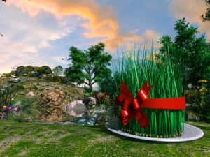 日落時分森林中，用草包裹並繫有紅色蝴蝶結的禮物。