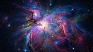 充滿活力的粉紅色、紫色和藍色星雲，在深空中閃爍著星星
