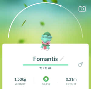 Fomantis寶可夢統計卡，包含生命值、體重和身高資訊。 — 卡通 壁紙