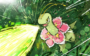一隻穿著粉紅色花裙的卡通青蛙寶可夢發射綠色能量爆炸。