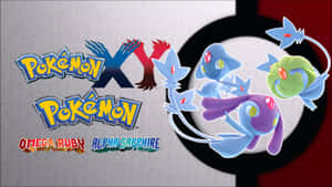 Pokémon XY 遊戲標誌，三隻寶可夢角色漂浮在精靈球附近。