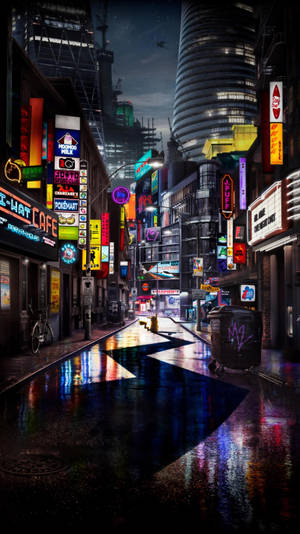 雨夜霓虹街道，濕滑路面反射發光招牌。