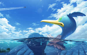 藍色鳥寶可夢在海中游泳，飛機在上空飛過。