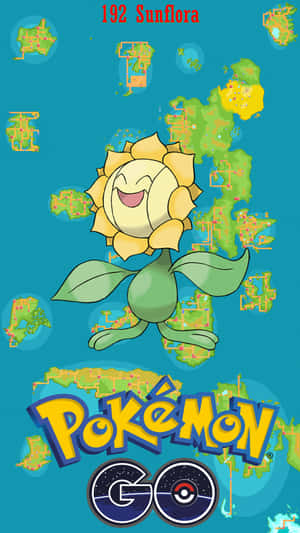 向日花怪寶可夢在藍綠色背景上帶著愉快表情，背景有地圖碎片和 Pokémon GO 品牌標識。