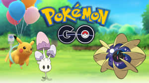 皮卡丘和兩個寶可夢角色在公園裡漂浮，有氣球和 Pokémon GO 標誌。 — 可愛寵物小精靈 壁紙