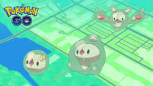 三隻寶可夢角色在 Pokémon GO 遊戲場景中漂浮在城市地圖上方。