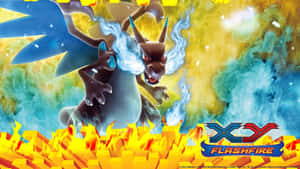 Mega Charizard X在充滿活力的動畫戰鬥場景中釋放出火熱的能量。
