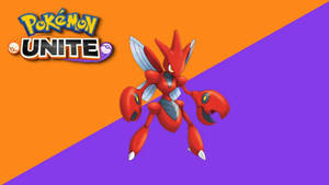 來自 Pokémon Unite 的巨鉗螳螂在橙色和紫色背景上擺出動態姿勢。 — 寵物小精靈 劍與盾 壁紙