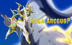 Mega Arceus 動畫角色，身穿金色盔甲和綠色寶石，漂浮在空中