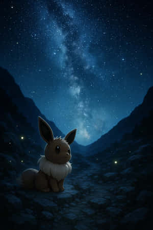 一隻細小的棕色伊貝坐在岩石小徑上，在星空夜空下，銀河在山脈之間可見。