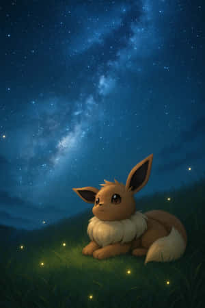 一隻啡色似狐狸的寵物小精靈坐在草地上，背景是滿天星斗的夜空，周圍有發光的螢火蟲。