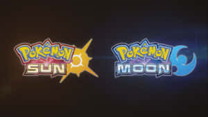 Pokémon 太陽和月亮遊戲標誌，帶有太陽和月亮符號，在深色背景上發光。