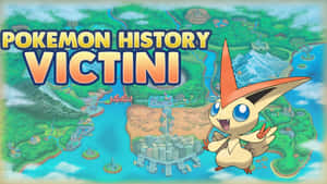 Victini在一個包含城市和風景的詳細寶可夢世界地圖上幸福地微笑。 — 火影忍者海報 壁紙
